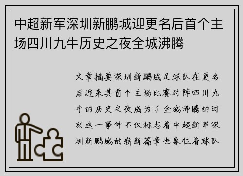 中超新军深圳新鹏城迎更名后首个主场四川九牛历史之夜全城沸腾 中超新军深圳新鹏城迎更名后首个主场四川九牛历史之夜全城沸腾