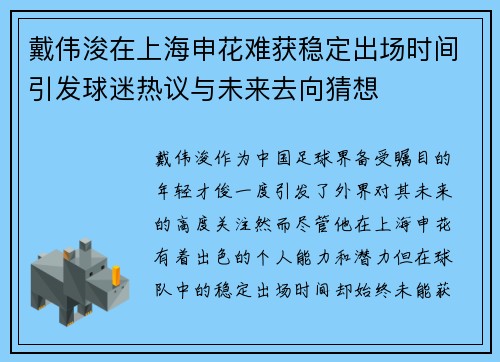 戴伟浚在上海申花难获稳定出场时间引发球迷热议与未来去向猜想
